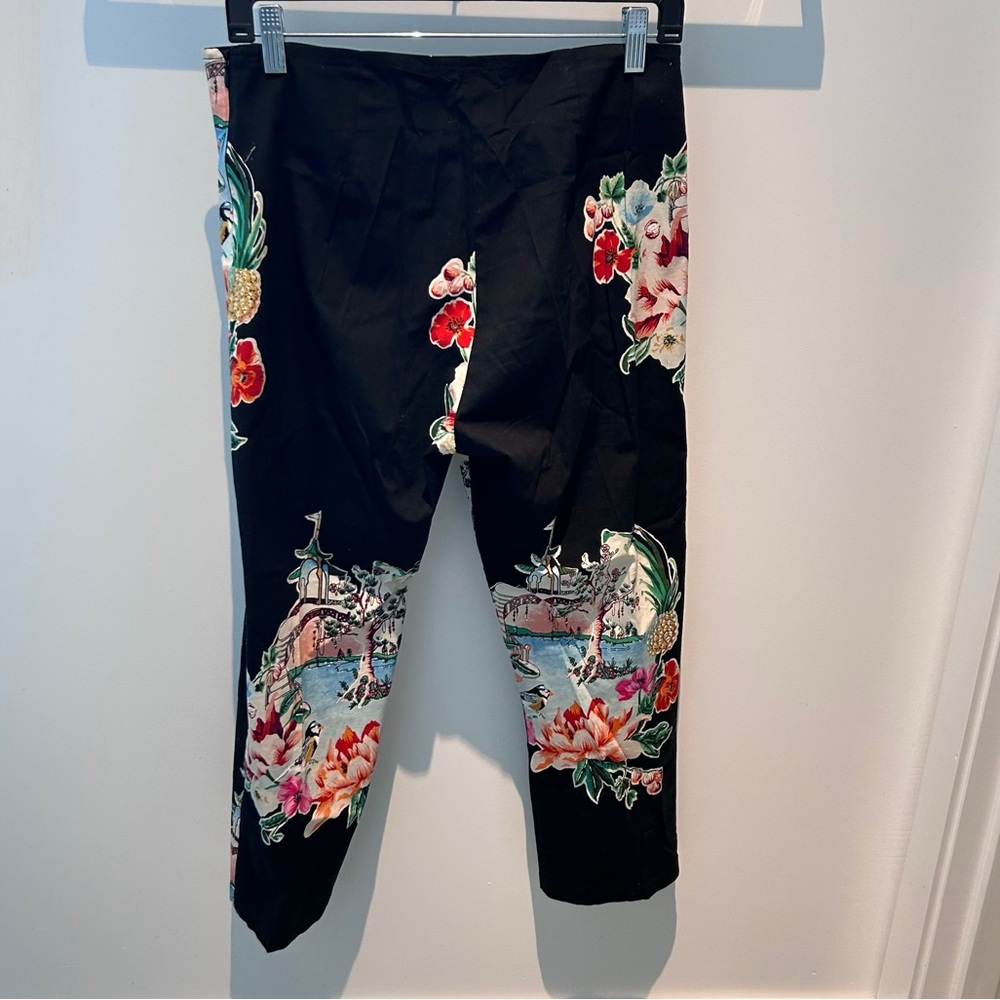 Rene Derhy Cropped Capri Pants Black Japanese motif vintage boho unique retro S - Picture 3 of 6